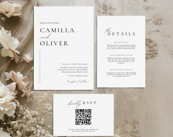 Paquete de invitaciones de boda minimalistas con código QR, plantillas minimalistas, paquete de invitaciones modernas, RSVP elegante, descarga instantánea de Canva WEDK009