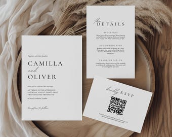 Paquete de invitaciones de boda minimalistas con código QR, plantillas minimalistas, paquete de invitaciones modernas, RSVP elegante, descarga instantánea de Canva WEDK009