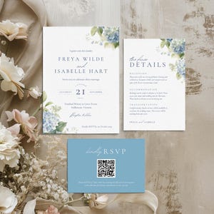 Hydrangea Wedding Invitation Suite Template, Editable Floral Design, Hydrangea Wedding Invite Bundle Download, Rsvp Card Template QR WEDK002