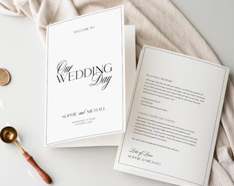 Gefaltete Hochzeitsprogramm-Vorlage im alten Geldstil, klassischer Zeremonialplan, elegante Ordnung des Service, DIY druckbare Canva-Vorlage, WEDK011
