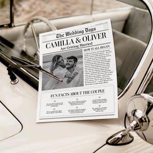 May include: A newspaper-style wedding announcement titled "The Wedding Days" with the names "Camilla & Oliver" and the phrase "Are Getting Married." The announcement includes a black and white photo of the couple and fun facts about them.
