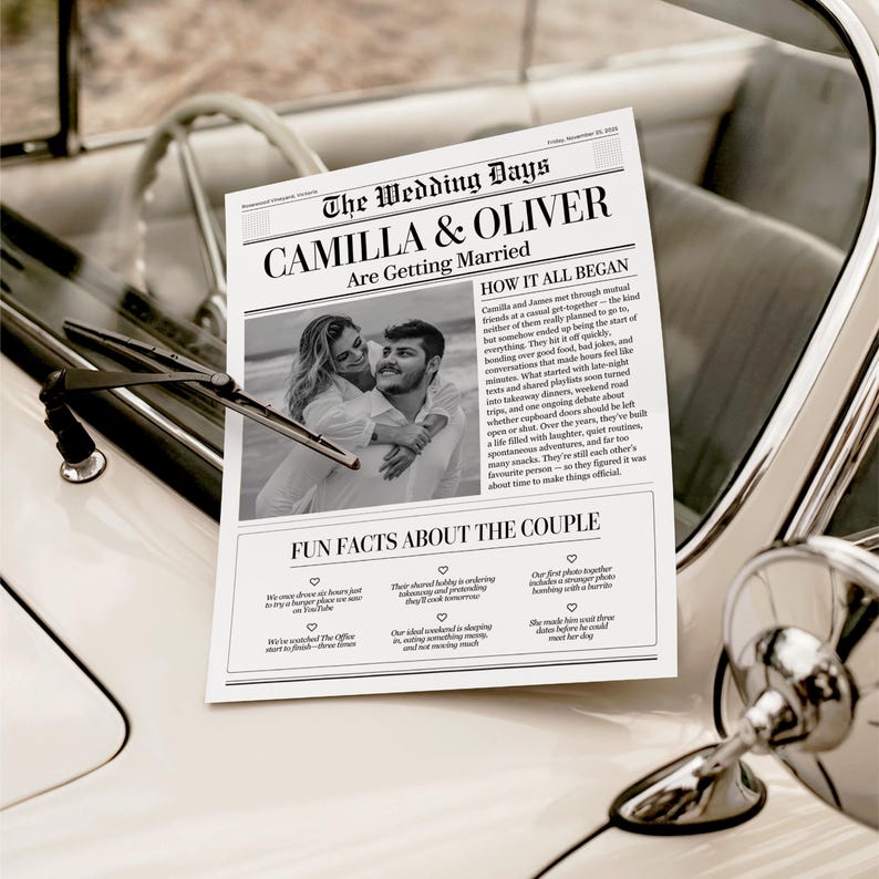 May include: A newspaper-style wedding announcement titled "The Wedding Days" with the names "Camilla & Oliver" and the phrase "Are Getting Married." The announcement includes a black and white photo of the couple and fun facts about them.