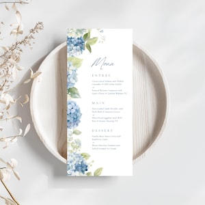 Wedding Menu Template Blue Hydrangea, Editable Floral Menu Card, Editable Canva, Printable Menu, Dusty Blue Floral Wedding Template WEDK002