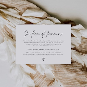 Cartão em vez de favores, modelo editável para doação de casamento, placa de caridade para impressão, cartão de favor faça você mesmo, download instantâneo digital do Canva WEDK001