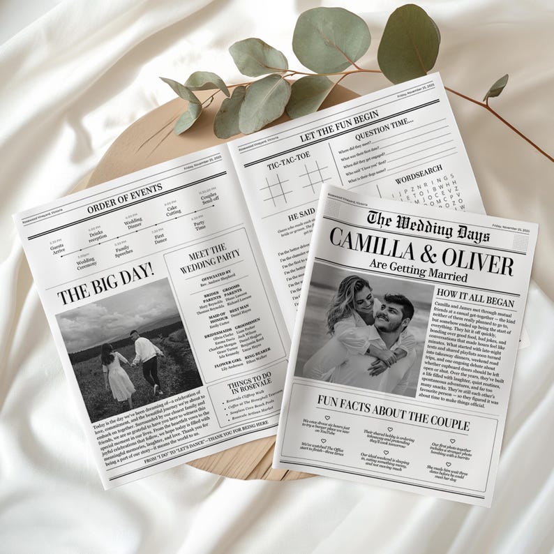 May include: Three newspaper-style wedding programs with black text and photos. The headlines include "The Big Day!", "The Wedding Days", and "Let the Fun Begin". The programs feature wedding details, a timeline, and fun facts about the couple.