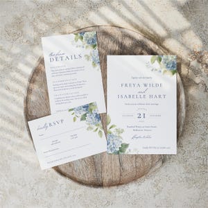 Hydrangea Wedding Invitation Suite, Editable Dusty Blue Floral Template, Printable RSVP Details, Botanical Wedding Invite Bundle WEDK002