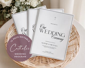 Program mszy katolickiej „Old Money”, edytowalny szablon broszury na ceremonię w Canva, wielostronicowa broszura kościelna, porządek nabożeństwa DIY WEDK011