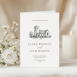 May include: A folded wedding invitation card with a black and white illustration of a church. The text includes the names "CLARA BENNETT and LIAM MURPHY", and the date 31.08.2025. The invitation is on a white background.