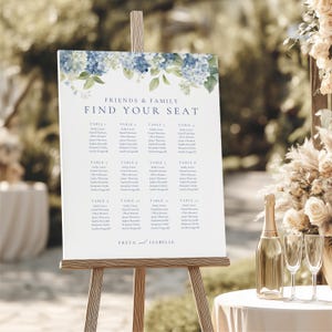 Hydrangea Wedding Seating Chart, Dusty Blue Table Number Plan, Light Blue Rehearsal Dinner Seating Chart, Elegant Floral Table Plan WEDK002