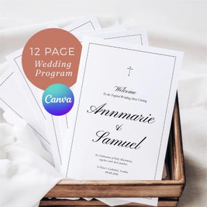 May include: A 12-page wedding program booklet with a white cover, black border, and a small cross icon. The text reads Welcome To the Nuptial Wedding Mass Uniting Annmarie & Samuel, In Celebration of Holy Matrimony, St Peter's Cathedral, London 09.08.2026.