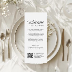 Menù di ringraziamento per matrimonio, biglietti di ringraziamento per foto di matrimonio con codice QR, menù di benvenuto di ringraziamento, biglietto di ringraziamento per matrimonio modificabile WEDK010