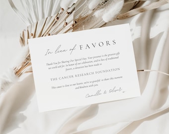 Cartão em vez de favores, modelo editável para doação de casamento, placa de caridade para impressão, cartão de favor faça você mesmo, download instantâneo digital do Canva WEDK009