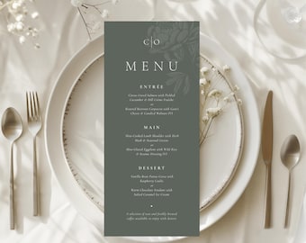 Puede incluir: Una tarjeta de menú formal con un diseño floral y el texto "MENU" en una fuente serif. El menú está sobre un plato blanco con cubiertos y un mantel blanco. El menú incluye opciones de entrantes, platos principales y postres.