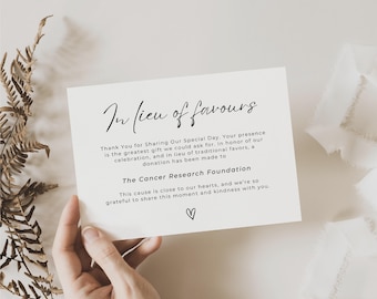 Cartão em vez de favores, modelo editável para doação de casamento, placa de caridade para impressão, cartão de favor faça você mesmo, download instantâneo digital do Canva WEDK001