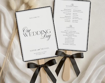 Old Money Fan Wedding Template, Luxury Black White Printable Ceremony Program, Infographic Template Double Sided, DIY Bride Canva WEDK011