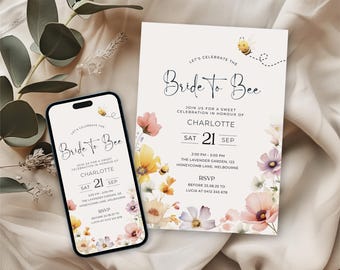 Evite and Printable Bride To Bee Bridal Shower, Garden Bridal Shower Invite, Bachelorette Party Invite, Wildflower Wedding Template BK001
