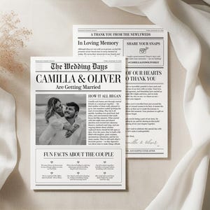 May include: Newspaper-style wedding announcement with the headline "The Wedding Days: Camilla & Oliver Are Getting Married." Includes a photo of the couple, text, and a thank you note. The design is in black and white.