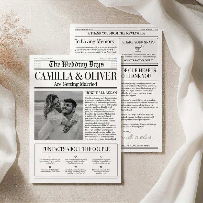 May include: Newspaper-style wedding announcement with the headline "The Wedding Days: Camilla & Oliver Are Getting Married." Includes a photo of the couple, text, and a thank you note. The design is in black and white.