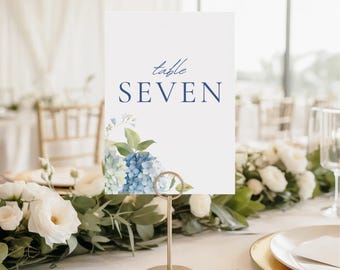 Blue Floral Wedding Table Numbers, Editable Canva Table Cards Template, Blue Hydrangea Reception Decor WEDK002