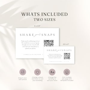 以下が含まれることがあります： 「SHARE your SNAPS」の文字とQRコードが記載された2枚の白いカード。カードのサイズは12.7 x 8.9 cmと8.9 x 5.1 cm。テキストはゲストに写真をアップロードするように促しています。