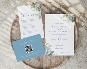 Hydrangea Wedding Invitation Suite Template, Editable Floral Design, Dusty Blue Wedding Invite Bundle Download, Rsvp Card with QR WEDK002
