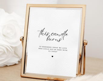 May include: A gold-framed sign with the text "this candle burns" and the message "To remember those we love who could not be here with us today".