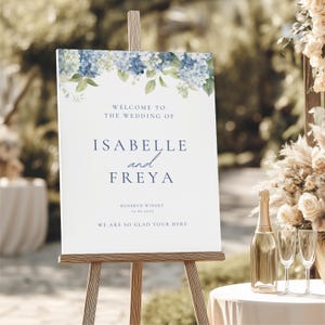 Wedding Welcome Sign Template Canva With Hydrangeas, Wedding Welcome Sign Template Light Blue, Editable Blue Hydrangea Welcome Sign WEDK002