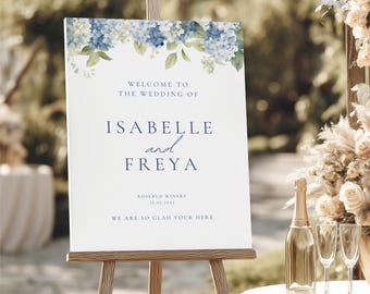 Wedding Welcome Sign Template Canva With Hydrangeas, Wedding Welcome Sign Template Light Blue, Editable Blue Hydrangea Welcome Sign WEDK002