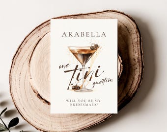 Cartão "Quer ser minha madrinha?", Cartão para madrinha de casamento, Cartão editável para coquetel de Martini com Espresso, Cartão de casamento temático para impressão Canva WEDK009