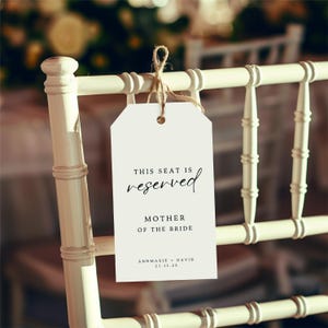 Hochzeit Sitzplatzreservierung Etikett für Stühle, Sitzplatzreservierung Etikett für Stühle, Minimal bedruckbare Sitzplatzetikette für Hochzeit Canva WEDK001