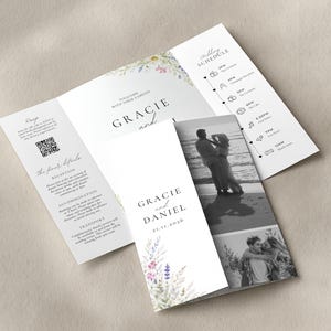 Gatefold Wedding Invitation Template Photo, Summer Floral Wildflower Invite Timeline QR Code RSVP, Editable Canva Wedding Invite WEDK021