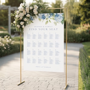 Blue Hydrangea Seating Chart, Dusty Blue Wedding Table Plan, Light Blue Rehearsal Dinner Seating Chart, Elegant Floral Table Sign WEDK002