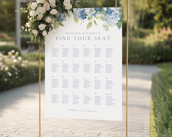 Blue Hydrangea Seating Chart, Dusty Blue Wedding Table Plan, Light Blue Rehearsal Dinner Seating Chart, Elegant Floral Table Sign WEDK002