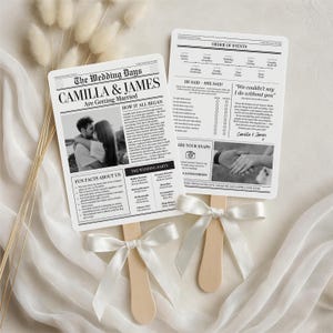 Newspaper Wedding Program Fan, Infographic Wedding Program, Printable Ceremony Fan, Editable Canva Wedding Program Fan With Timeline WEDK001