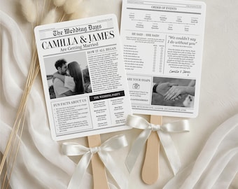 Newspaper Wedding Program Fan, Infographic Wedding Program, Printable Ceremony Fan, Editable Canva Wedding Program Fan With Timeline WEDK001