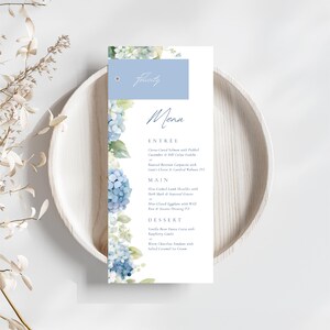 Wedding Menu With Placecard Template, Wedding Menu Template Blue Hydrangea, Editable Floral Menu Card, Dusty Blue Floral Menu Canva WEDK002