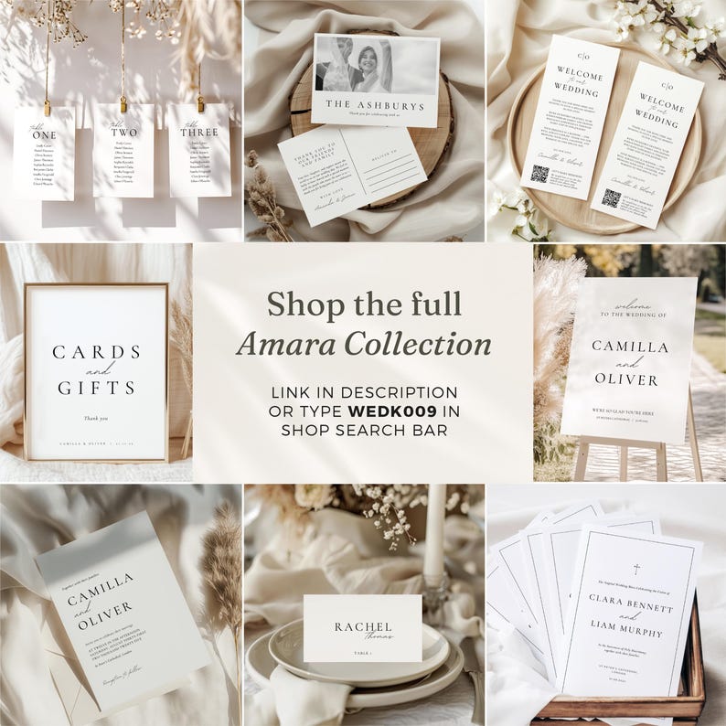 May include: A collection of wedding stationery in a neutral color palette. The image includes table numbers, welcome signs, invitation cards, and a sign that says "Cards and Gifts". The text "Shop the full Amara Collection" is also visible.