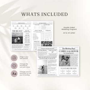 May include: A double-sided wedding program in a newspaper style. The program includes sections for the order of events, fun activities, and a thank you message. The design allows for customization with photos, wording, colors, and fonts.