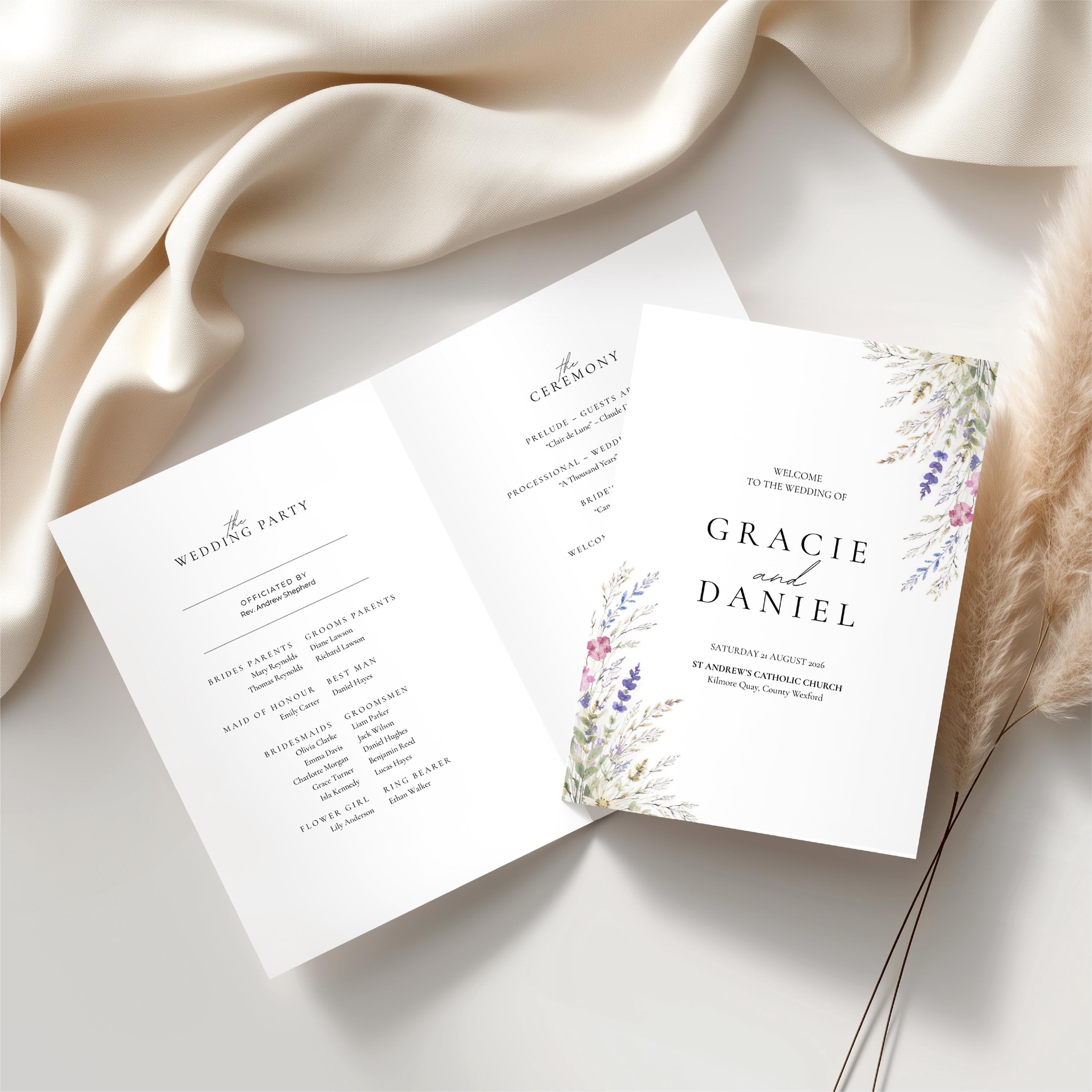 Folded Wedding Program Template, Wildflower Editable Ceremony Booklet ...