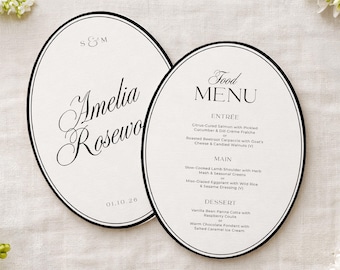 Plantilla de Canva para menú de boda ovalado de estilo clásico, letrero de mesa de boda en blanco y negro editable, números de mesa modernos imprimibles, decoración de boda WEDK011