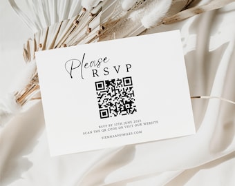 Minimal Wedding RSVP Card with Qr Code, Modern Printable Invite Template Set, Elegant Online Response Rsvp, Details Card Digital WEDK001