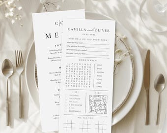 Wedding Menu Activity Card, Editable Printable Games, Fun Reception Activities for Guests,  Minimalist Classic Game Sheet, Canva WEDK009