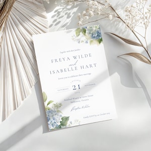 Blue Hydrangea Invitation Template Wedding, Dusty Blue Floral Invite, Editable Blue Floral Hydrangea Invite, DIY Bride Canva Invite WEDK002