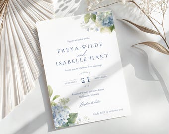 Printable Wedding Invitation Template, Dusty Blue Floral Invite, Editable Blue Floral Hydrangea Invite, DIY Bride Canva Invite WEDK002