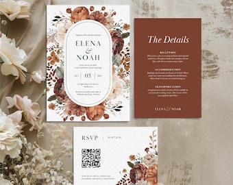 Fall Wedding Invitation with QR Code, Editable Rustic Template RSVP, Burnt Orange Boho Floral Invite, DIY Bride Canva Suite Bundle WEDK007