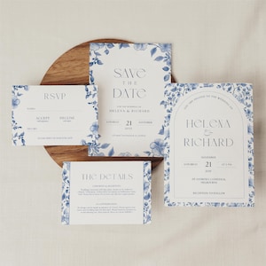 Blue Toile Wedding Invitation Suite, Dusty Blue Toile de Jouy Wedding Invitation Set with QR Code RSVP, Vintage Floral Bundle Canva WEDK003