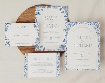 Blauwe toile trouwkaartsuite, bloemen RSVP (digitale download) WEDK003