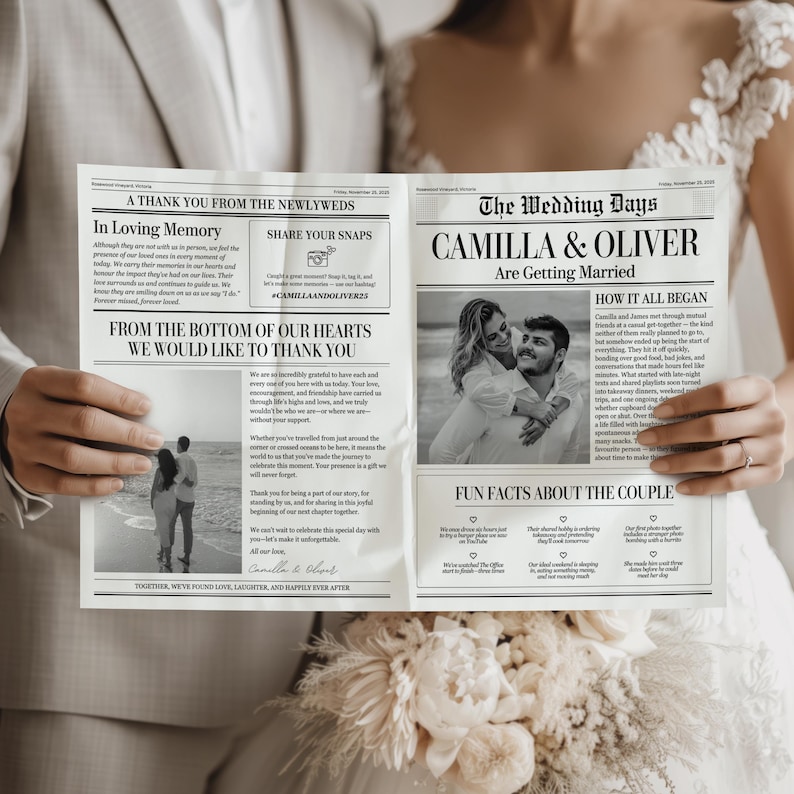 May include: A newspaper-style wedding announcement held by a person. The headline reads "The Wedding Days: Camilla & Oliver Are Getting Married." The announcement includes photos, text, and a section titled "Fun Facts About the Couple."