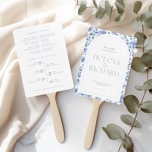 Wedding Program Fan Infographic, French Toile Ceremony Program Paddle, Blue Floral Reception Timeline, Printable Download Template WEDK003
