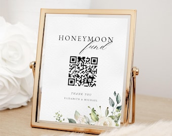 Floral Honeymoon Fund QR Code Wedding Sign, Printable Template (Digital Download) WEDK006